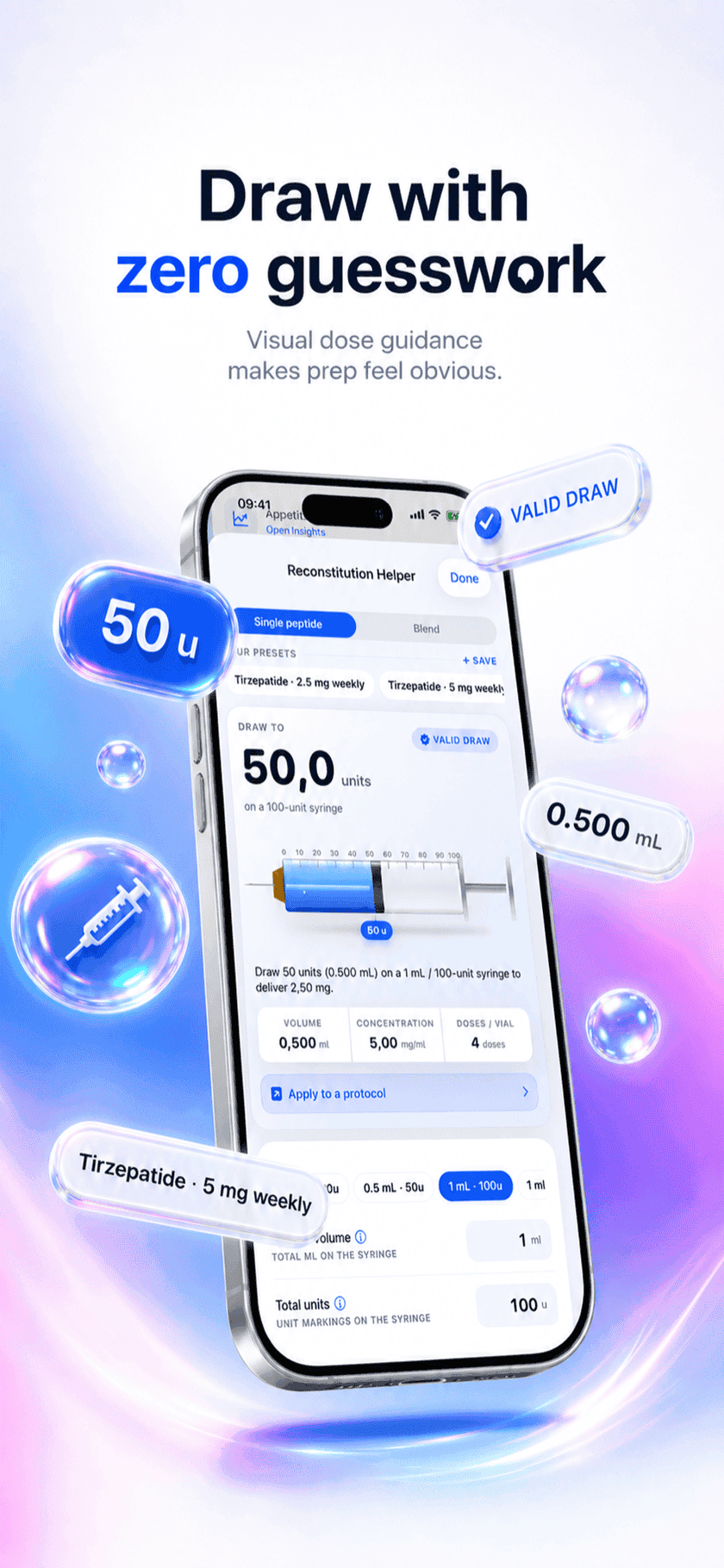 Peptide Protocol reconstitution helper on iPhone showing 50.0 units on a 100-unit insulin syringe at 5.00 mg/mL with a Tirzepatide 5 mg weekly preset and 4 doses per vial