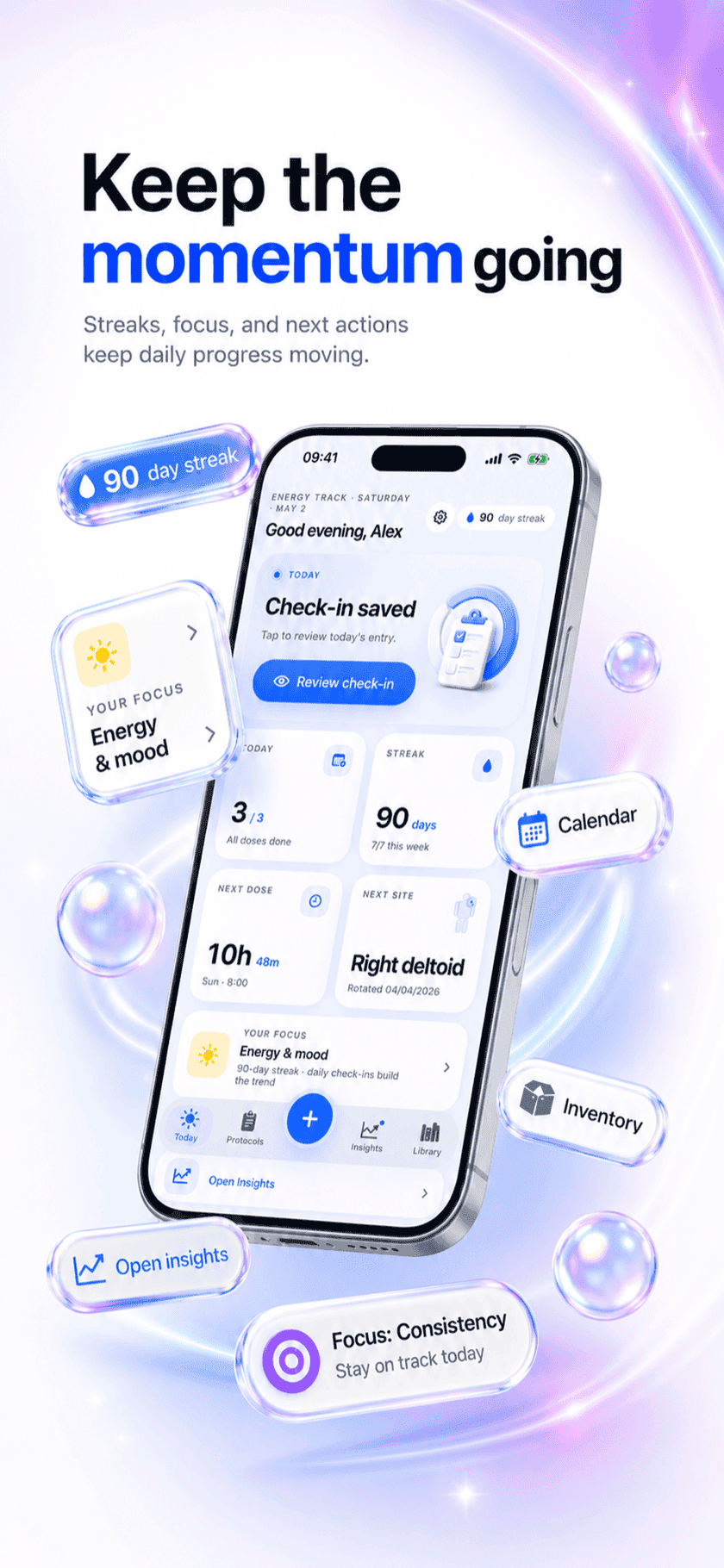 Peptide Protocol Today screen on iPhone with floating inventory, calendar and focus cards beside a 90-day streak — keep daily progress moving