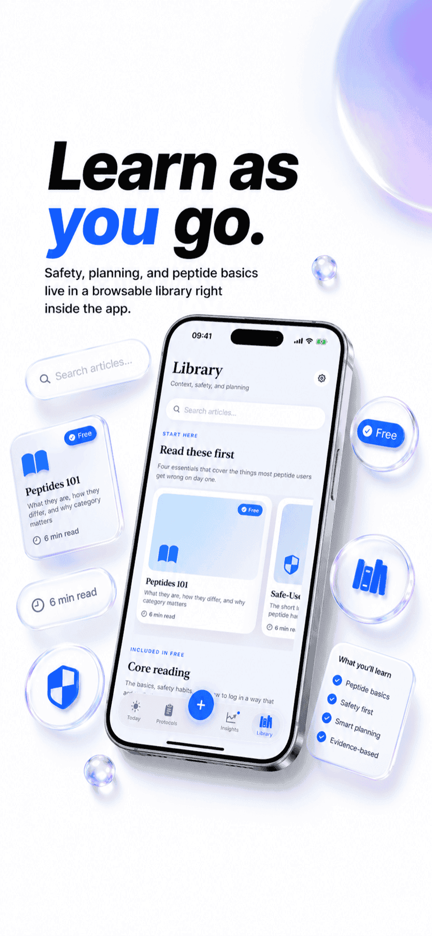 Peptide Protocol Library on iPhone with Peptides 101, Safe-Use and core reading articles — searchable peptide safety, planning and basics