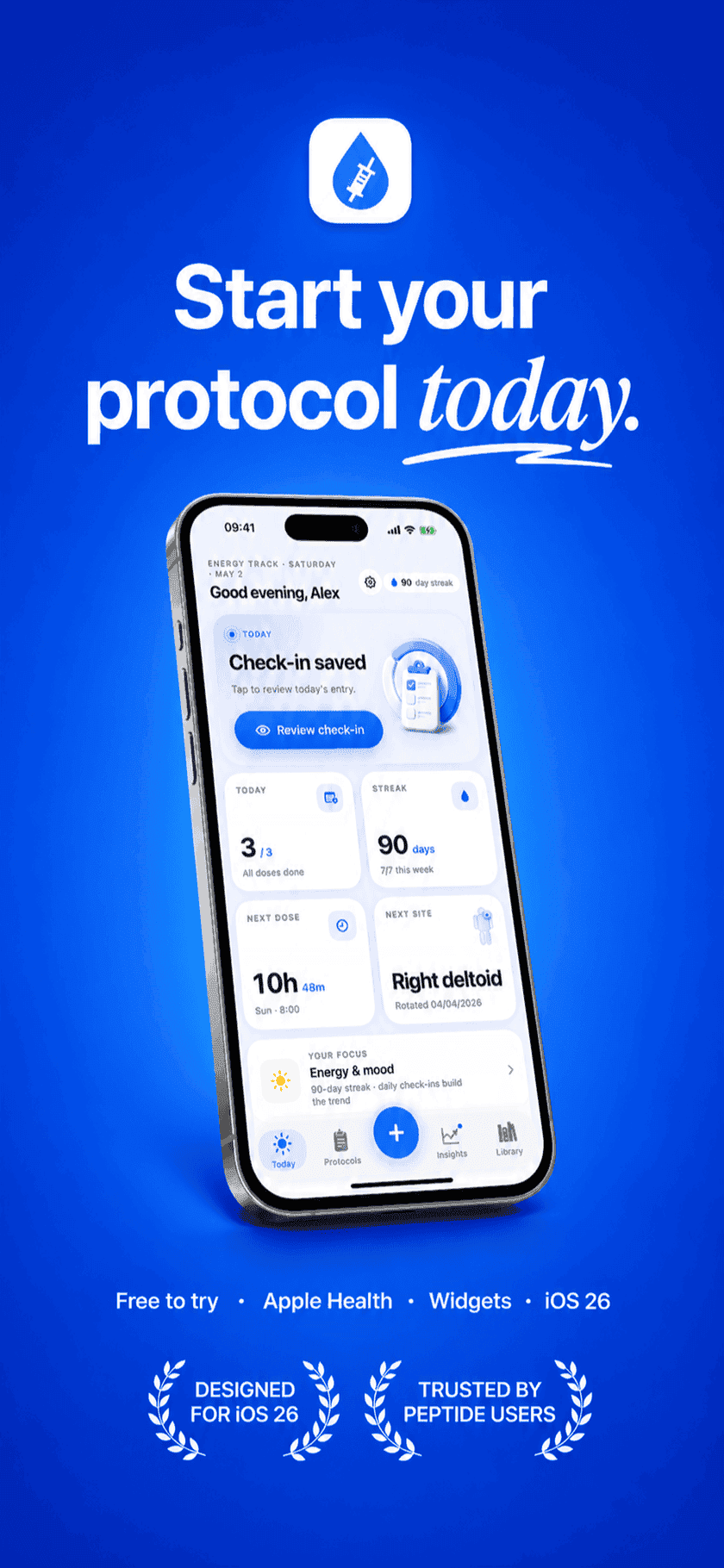 Peptide Protocol Today dashboard on a blue hero — start your protocol today, free to try, Apple Health, widgets and iOS 26 ready
