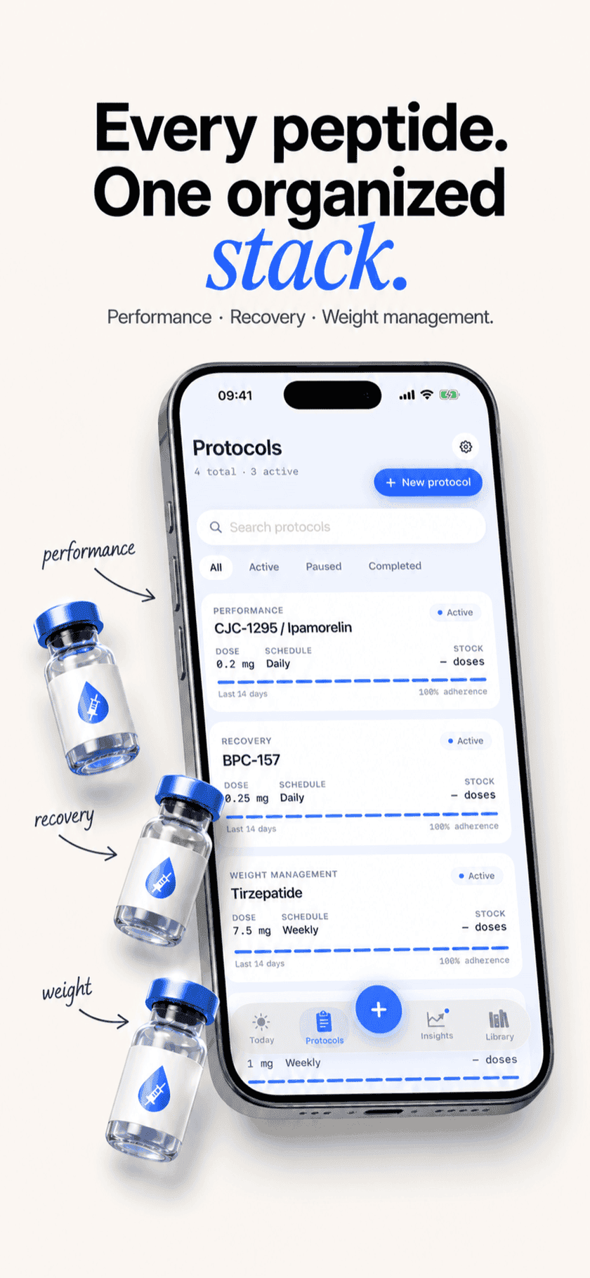 Peptide Protocol Protocols list on iPhone with CJC-1295 / Ipamorelin performance, BPC-157 recovery and Tirzepatide weight-management protocols, all at 100% adherence