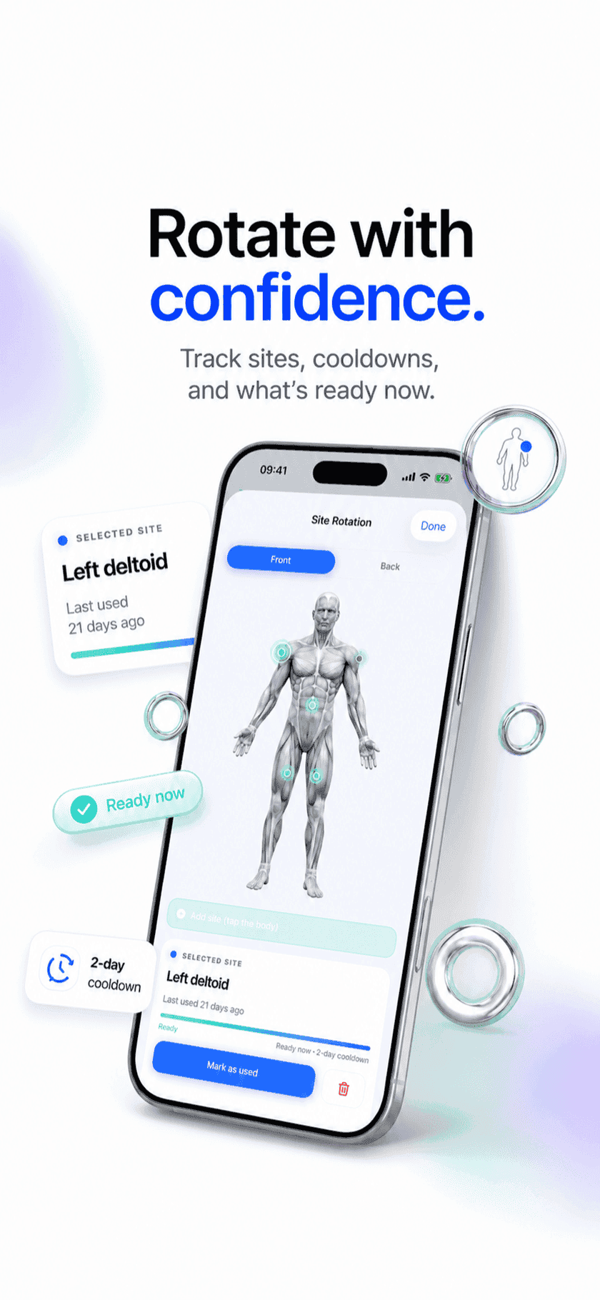 Peptide Protocol injection-site rotation body map on iPhone with Left deltoid Ready now, last used 21 days ago, and a 2-day cooldown