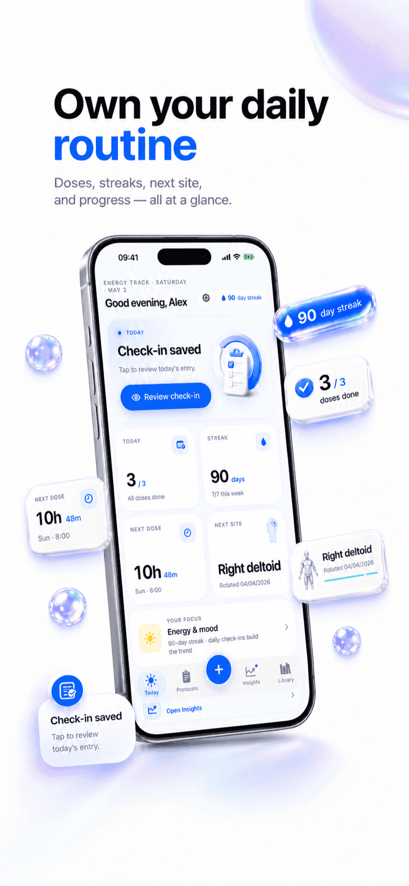Peptide Protocol Today screen on iPhone showing 3 of 3 doses done, a 90-day streak, next injection site Right deltoid and an Energy & mood focus card